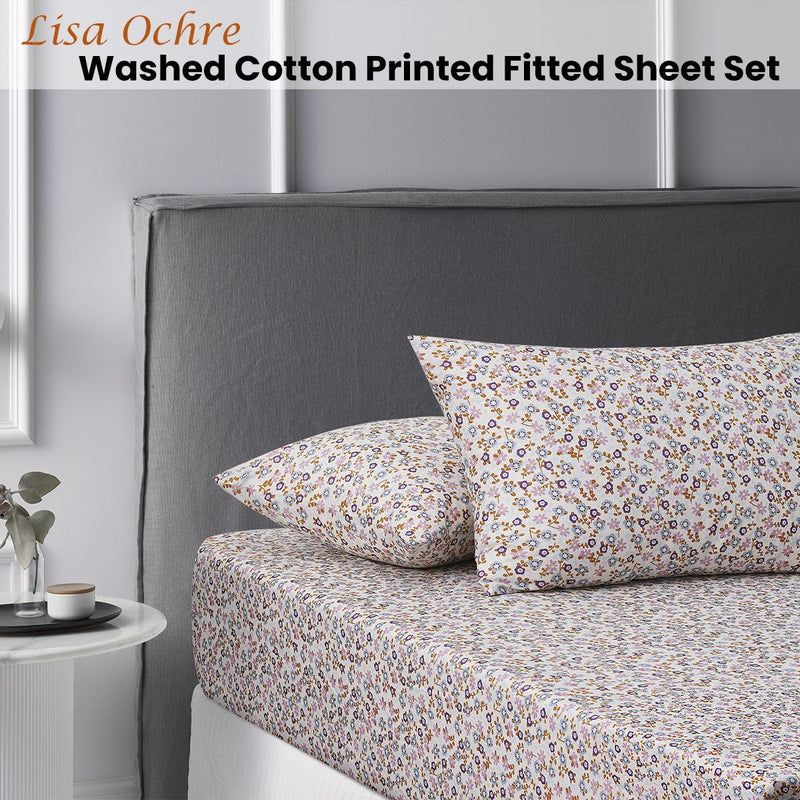 Accessorize Lisa Ochre Washed Cotton Printed Fitted Sheet Set King Single Payday Deals