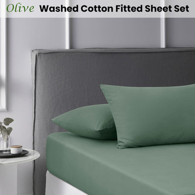 Accessorize Olive Washed Cotton Fitted Sheet Set King Payday Deals