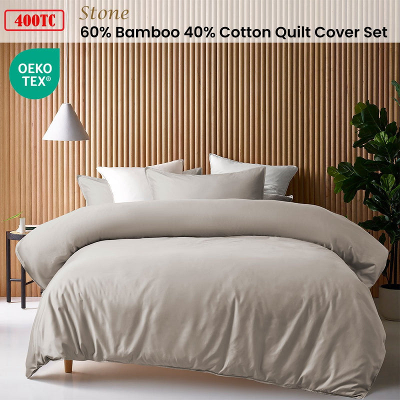 Accessorize Stone 400TC Stone Bamboo Cotton Double Stitched Quilt Cover Set Single Payday Deals