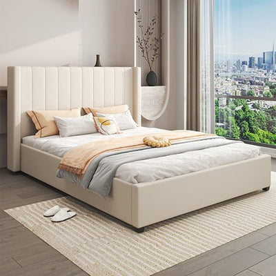 Alexa Queen Size High Rise Headboard Linen Beige Fabric Four MDF Drawers with Wheels Bed Frame