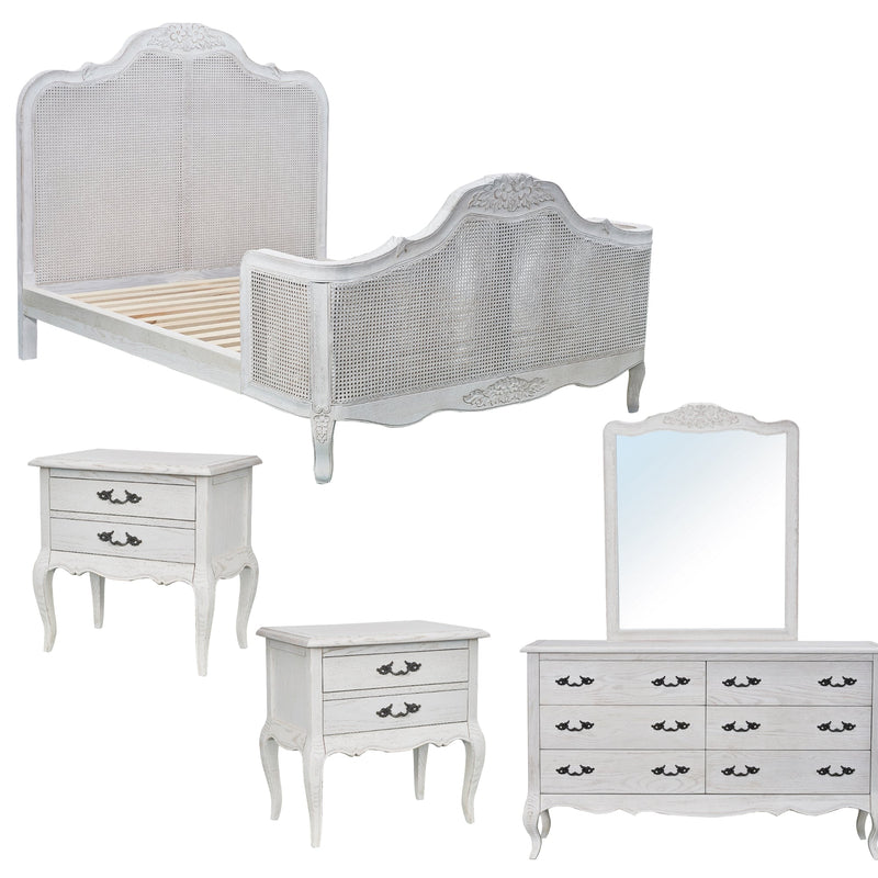 Alice 5pc Queen Bed Suite Bedside Dresser Bedroom Rattan Furniture Package White Payday Deals