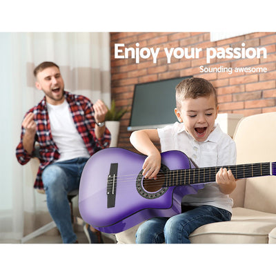 Alpha 34" Inch Guitar Classical Acoustic Cutaway Wooden Ideal Kids Gift Children 1/2 Size Purple with Capo Tuner Payday Deals