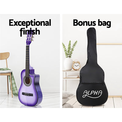 Alpha 34" Inch Guitar Classical Acoustic Cutaway Wooden Ideal Kids Gift Children 1/2 Size Purple with Capo Tuner Payday Deals