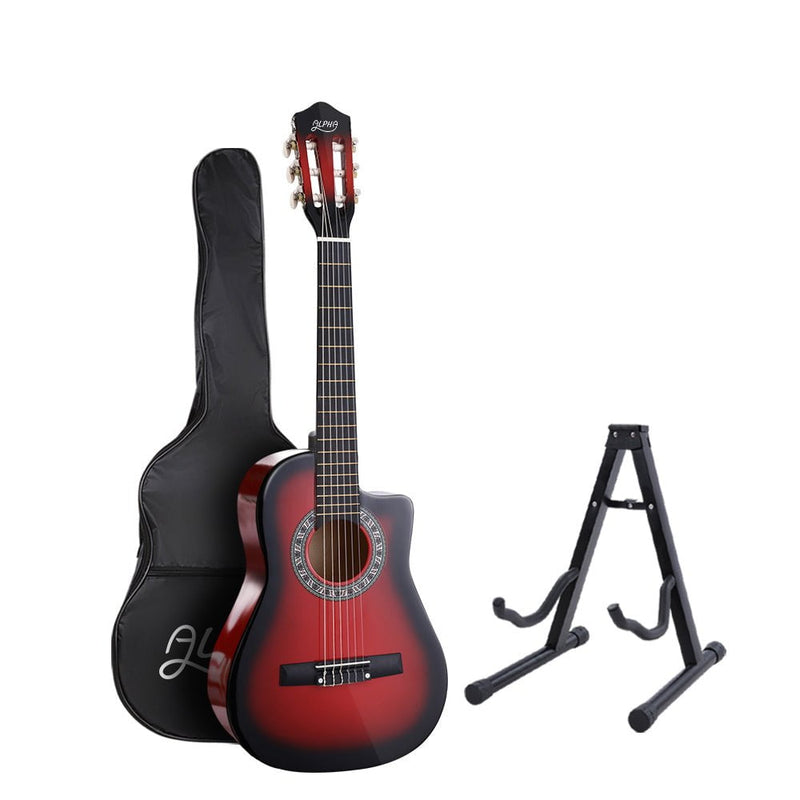 Alpha 34" Inch Guitar Classical Acoustic Cutaway Wooden Ideal Kids Gift Children 1/2 Size Red with Capo Tuner Payday Deals