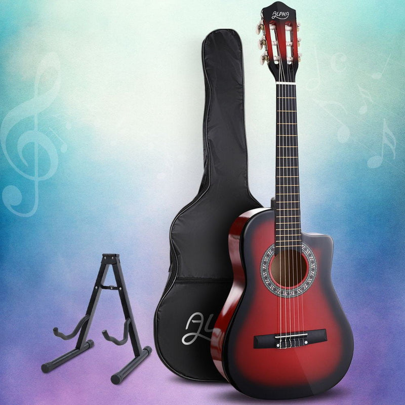 Alpha 34" Inch Guitar Classical Acoustic Cutaway Wooden Ideal Kids Gift Children 1/2 Size Red with Capo Tuner Payday Deals