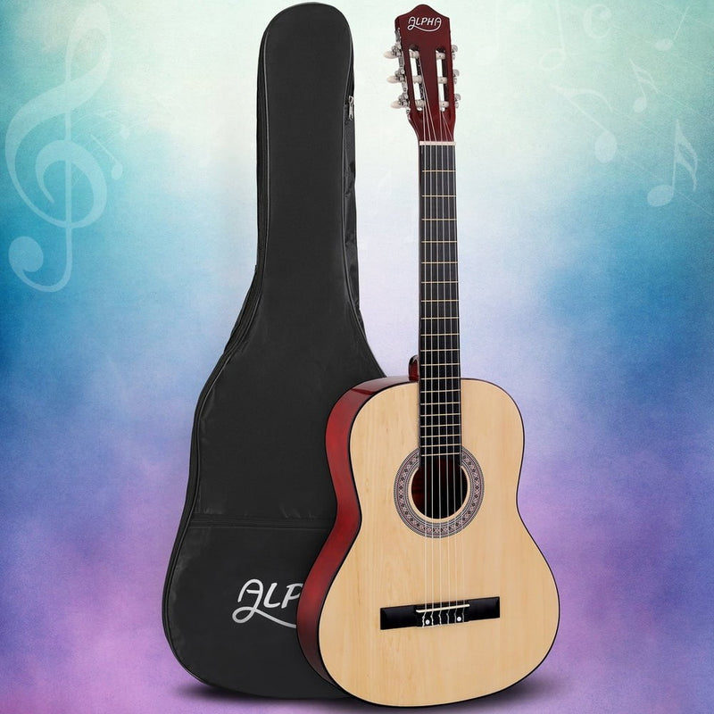 Alpha 39 Inch Classical Guitar Wooden Body Nylon String Beginner Gift Natural Payday Deals