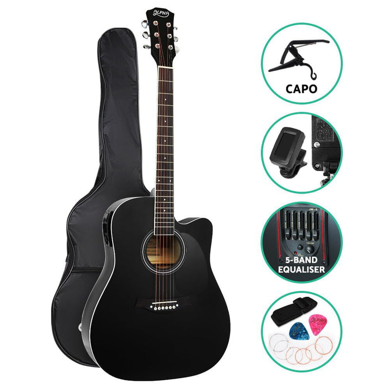 Alpha 41" Inch Electric Acoustic Guitar Wooden Classical Full Size EQ Capo Black Payday Deals