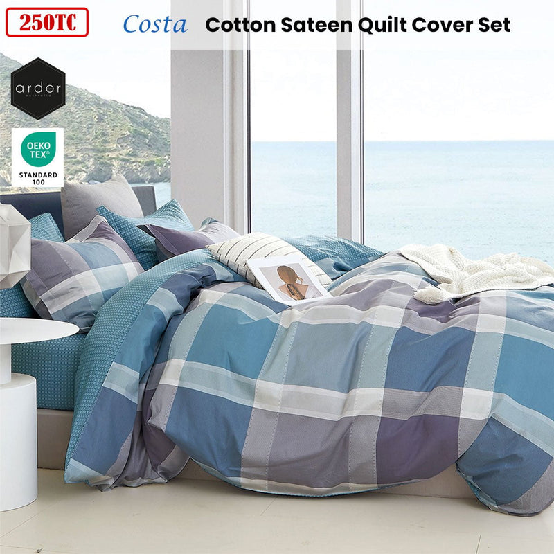 Ardor 250TC Costa Check Cotton Sateen Quilt Cover Set King Payday Deals