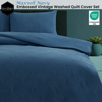 Ardor Maxwell Navy Embossed Vintage Washed Quilt Cover Set King Payday Deals