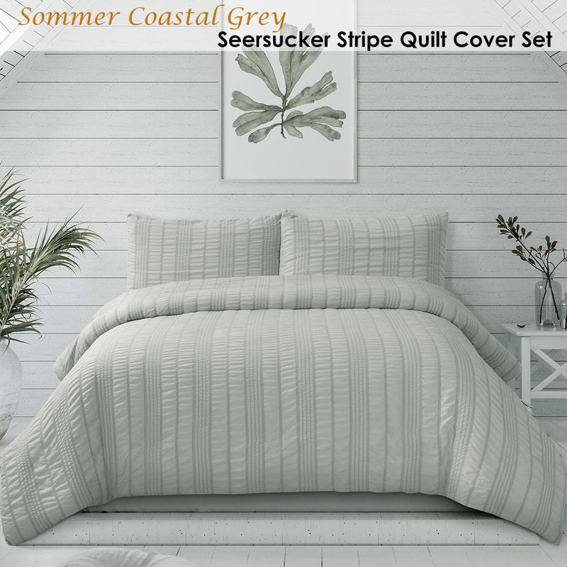 Ardor Sommer Coastal Grey Seersucker Stripe Quilt Cover Set King Payday Deals