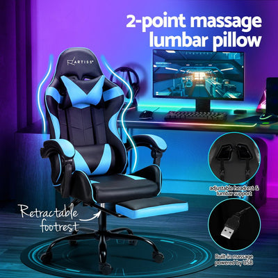 Artiss 2 Point Massage Gaming Office Chair Footrest Cyan Blue Payday Deals