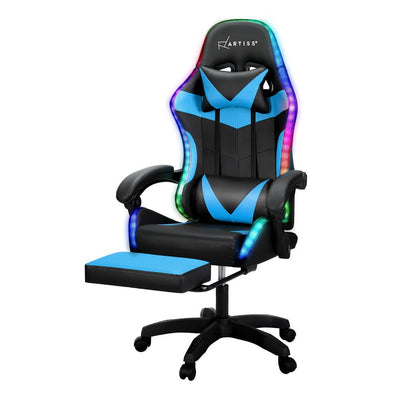 Artiss 6 Point Massage Gaming Office Chair 7 LED Footrest Cyan Blue Payday Deals