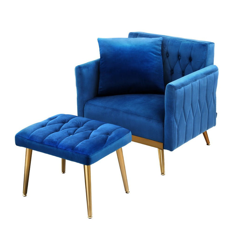 Artiss Armchair Ottoman Accent Chair Pillow Velvet Blue Payday Deals