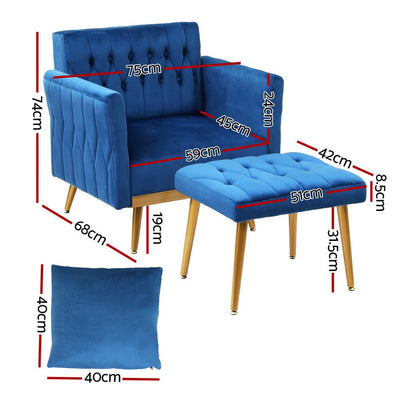 Artiss Armchair Ottoman Accent Chair Pillow Velvet Blue Payday Deals