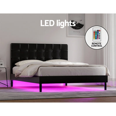 Artiss Bed Frame Double Bed Base w LED Lights Charge Ports Black Leather RAVI Payday Deals