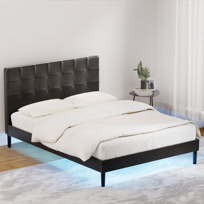 Artiss Bed Frame Double Bed Base w LED Lights Charge Ports Black Leather RAVI Payday Deals