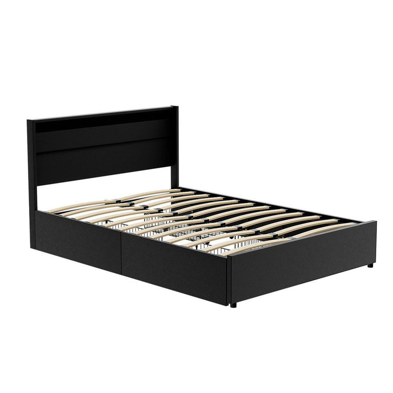 Artiss Bed Frame Double Size LED with 4 Drawers Black DUNN Payday Deals