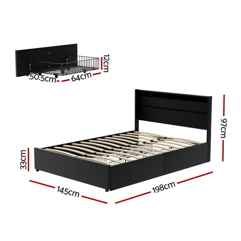 Artiss Bed Frame Double Size LED with 4 Drawers Black DUNN Payday Deals