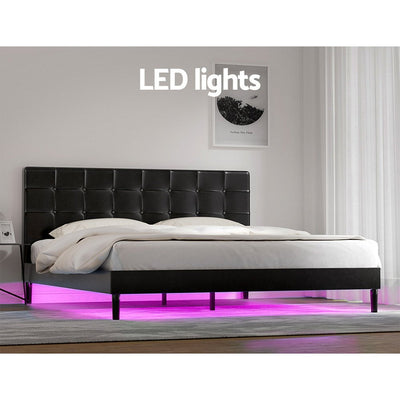 Artiss Bed Frame King Bed Base w RGB LED Lights Charge Ports Black Leather RAVI Payday Deals