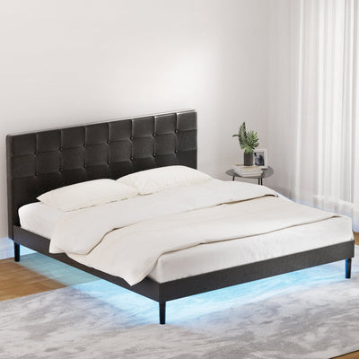 Artiss Bed Frame King Bed Base w RGB LED Lights Charge Ports Black Leather RAVI Payday Deals