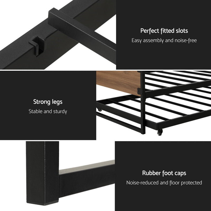 Artiss Bed Frame Metal Bed Base with Trundle Daybed Wooden Headboard Single DEAN Payday Deals