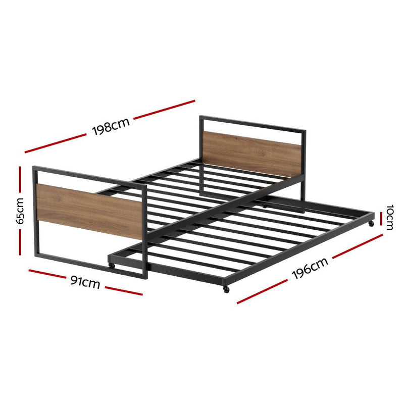 Artiss Bed Frame Metal Bed Base with Trundle Daybed Wooden Headboard Single DEAN Payday Deals