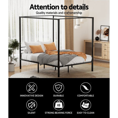 Artiss Bed Frame Metal Four-poster Platform Base Queen Size Black POCHY Payday Deals