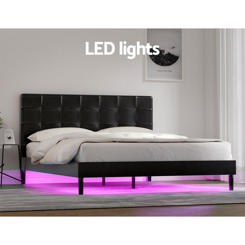 Artiss Bed Frame Queen Bed Base w LED Lights Charge Ports Black Leather RAVI Payday Deals