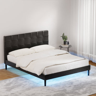 Artiss Bed Frame Queen Bed Base w LED Lights Charge Ports Black Leather RAVI Payday Deals