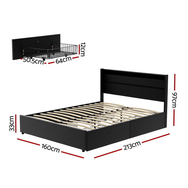 Artiss Bed Frame Queen Size LED with 4 Drawers Black DUNN Payday Deals