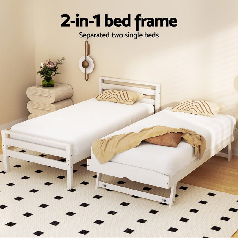 Artiss Bed Frame Single Size 2-in-1 Trundle Wooden White AVIS Payday Deals