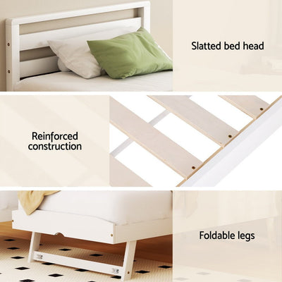 Artiss Bed Frame Single Size 2-in-1 Trundle Wooden White AVIS Payday Deals