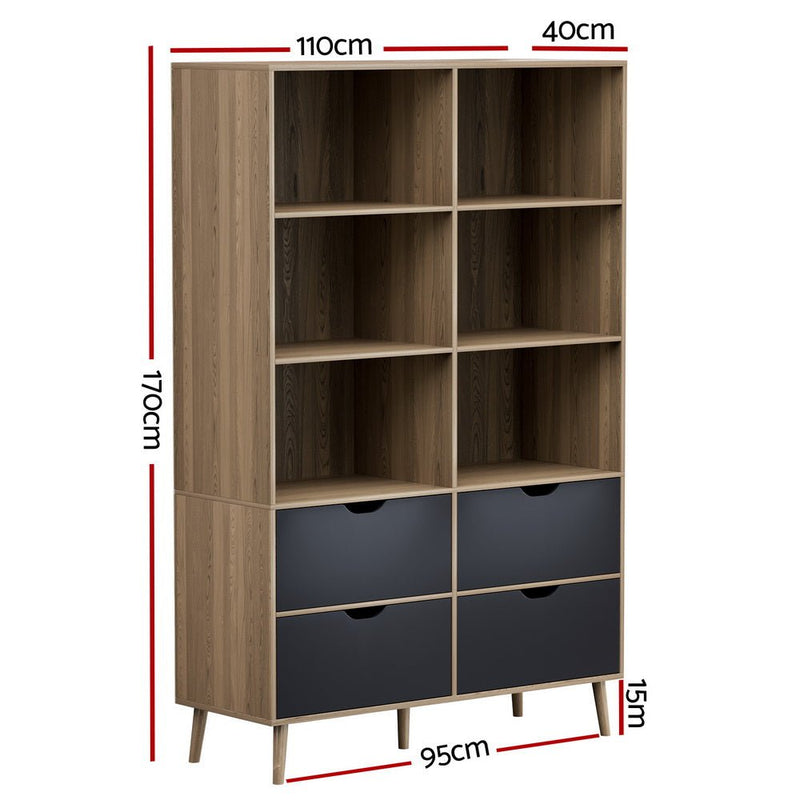 Artiss Bookshelf with 4 Drawers - MITZI Oak and Blue Payday Deals