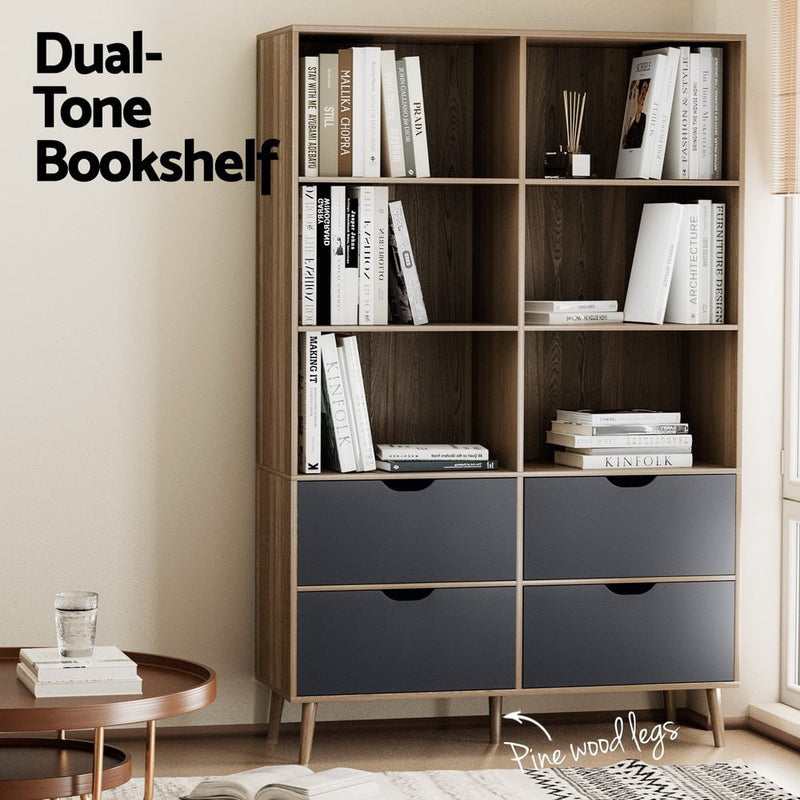 Artiss Bookshelf with 4 Drawers - MITZI Oak and Blue Payday Deals