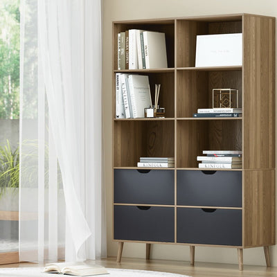 Artiss Bookshelf with 4 Drawers - MITZI Oak and Blue Payday Deals