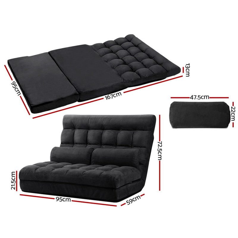 Artiss Lounge Sofa Bed 2-seater Floor Folding Suede Charcoal Payday Deals