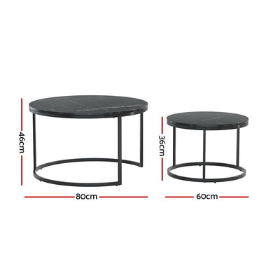 Artiss Nesting Coffee Tables Set of 2 Marble-effect Top 80/60CM Black Metal Base Payday Deals