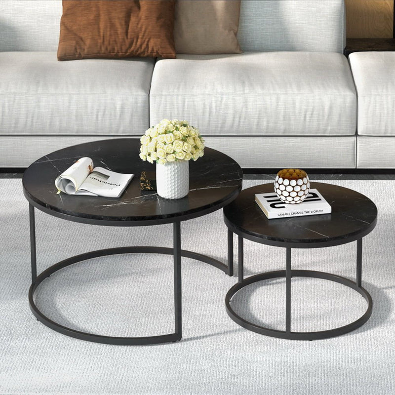 Artiss Nesting Coffee Tables Set of 2 Marble-effect Top 80/60CM Black Metal Base Payday Deals