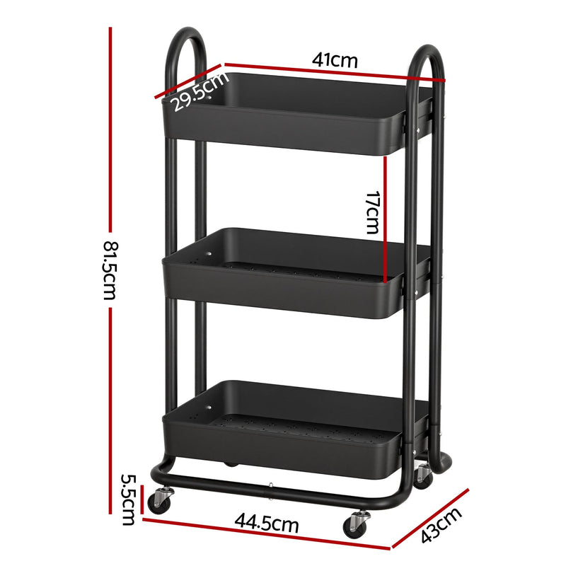 Artiss Storage Trolley Kitchen Cart 3 Tiers Rack Shelf Organiser Wheels Black Payday Deals