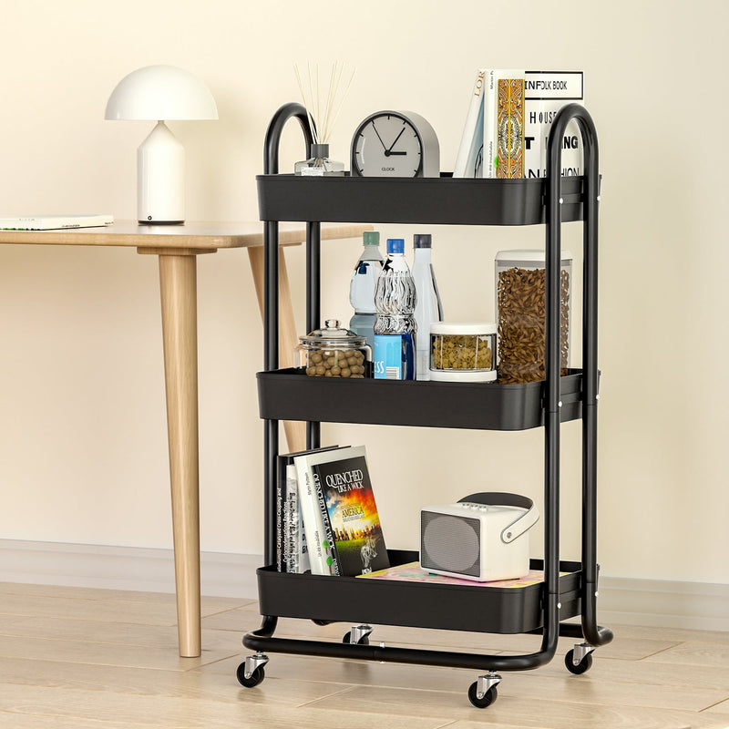 Artiss Storage Trolley Kitchen Cart 3 Tiers Rack Shelf Organiser Wheels Black Payday Deals