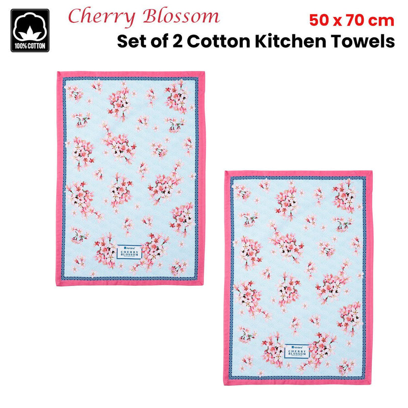 Ashdene Set of 2 Cherry Blossom Cotton Kitchen Tea Towels 50 x 70 cm Payday Deals