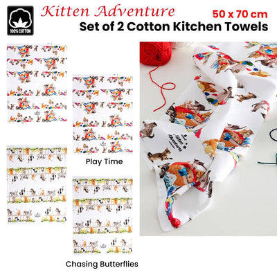 Ashdene Set of 2 Kitten Adventures Cotton Kitchen Tea Towels Chasing Butterflies Payday Deals