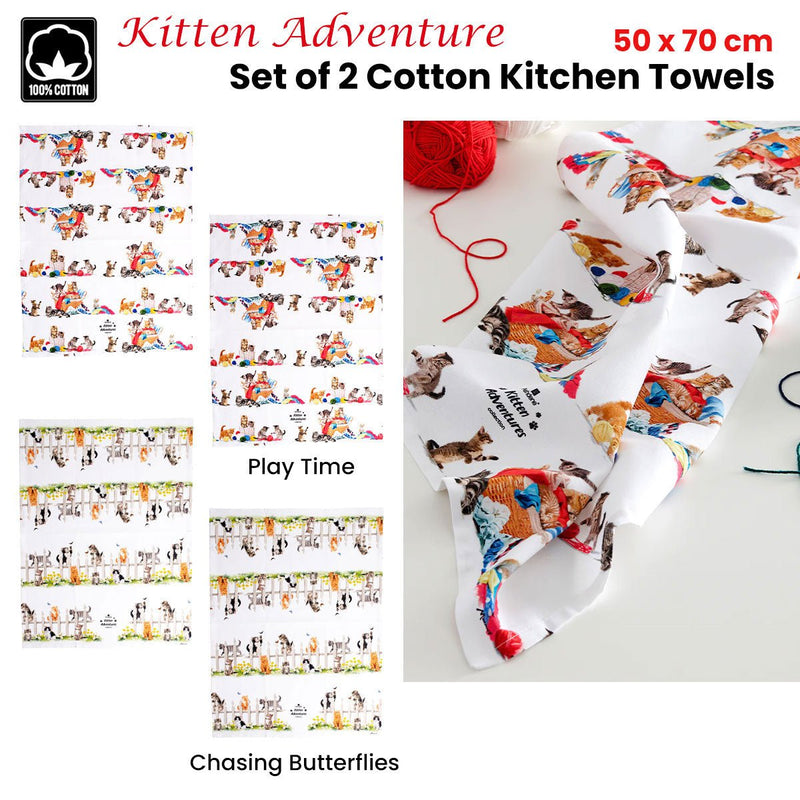 Ashdene Set of 2 Kitten Adventures Cotton Kitchen Tea Towels Play Time Payday Deals