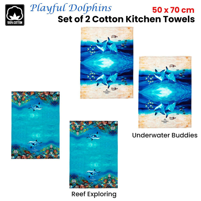 Ashdene Set of 2 Playful Dolphins Cotton Kitchen Tea Towels 50 x 70 cm Reef Exploring Payday Deals