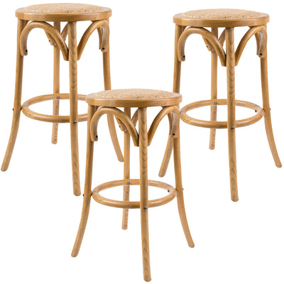 Aster 3pc Round Bar Stools Dining Stool Chair Solid Birch Wood Rattan Seat Oak Payday Deals