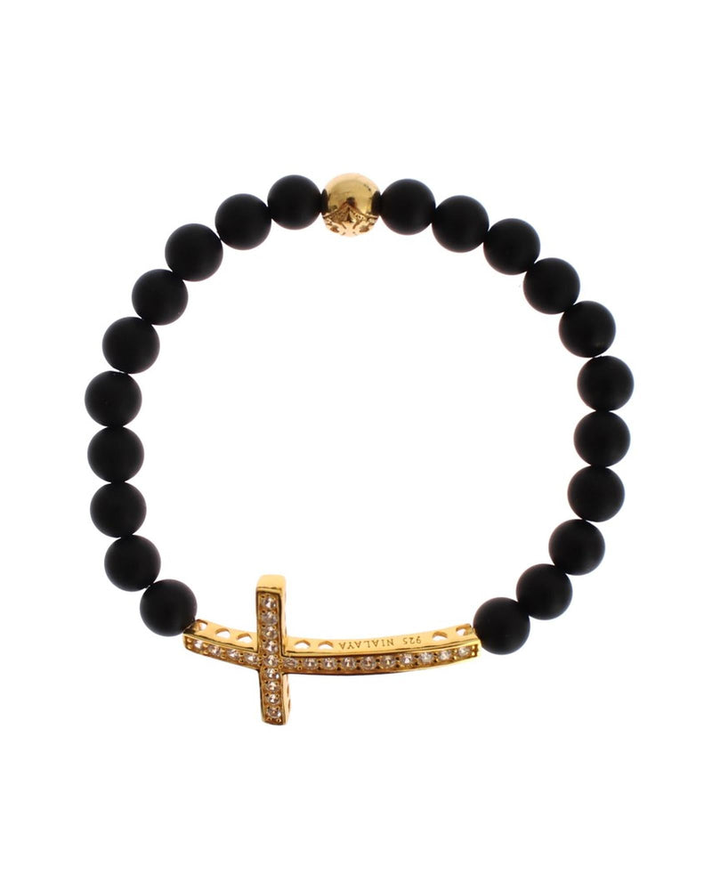 Authentic NIALAYA Bracelet with Matte Onyx Beads and CZ Diamond Cross M Women Payday Deals