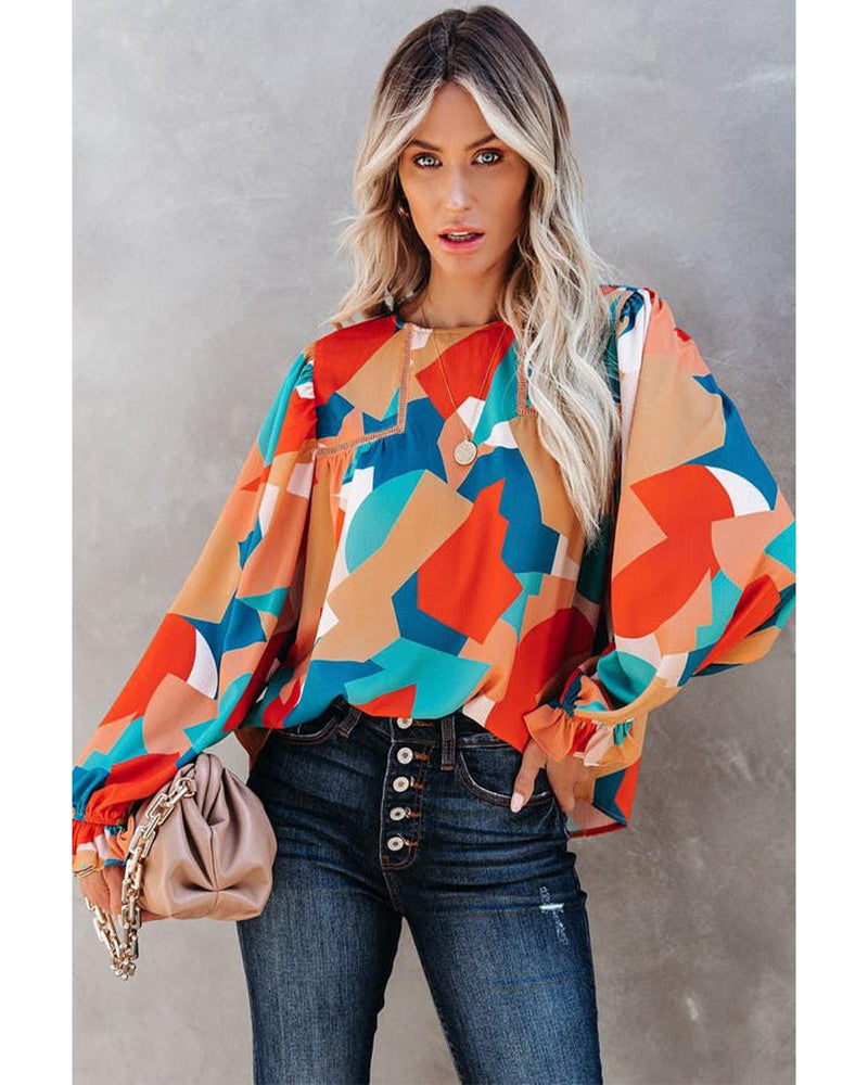 Azura Exchange Abstract Pattern Ruffled Puff Sleeve Blouse - M Payday Deals