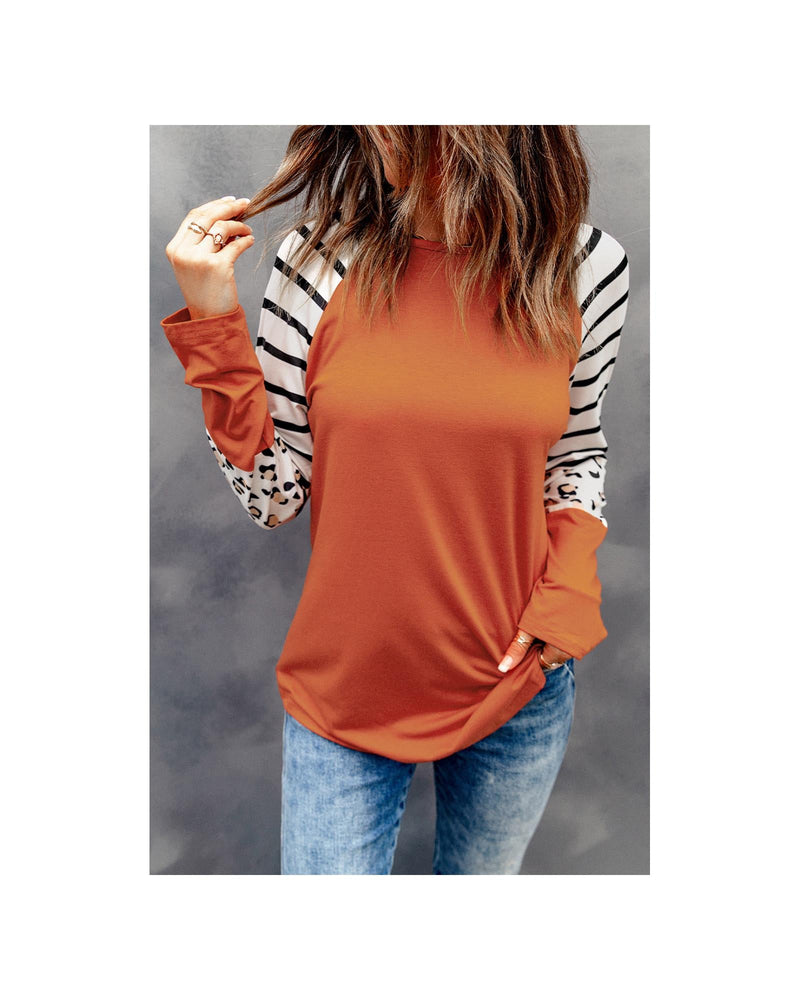 Azura Exchange Animal Print Long Sleeve Top with Striped Colorblock - S Payday Deals
