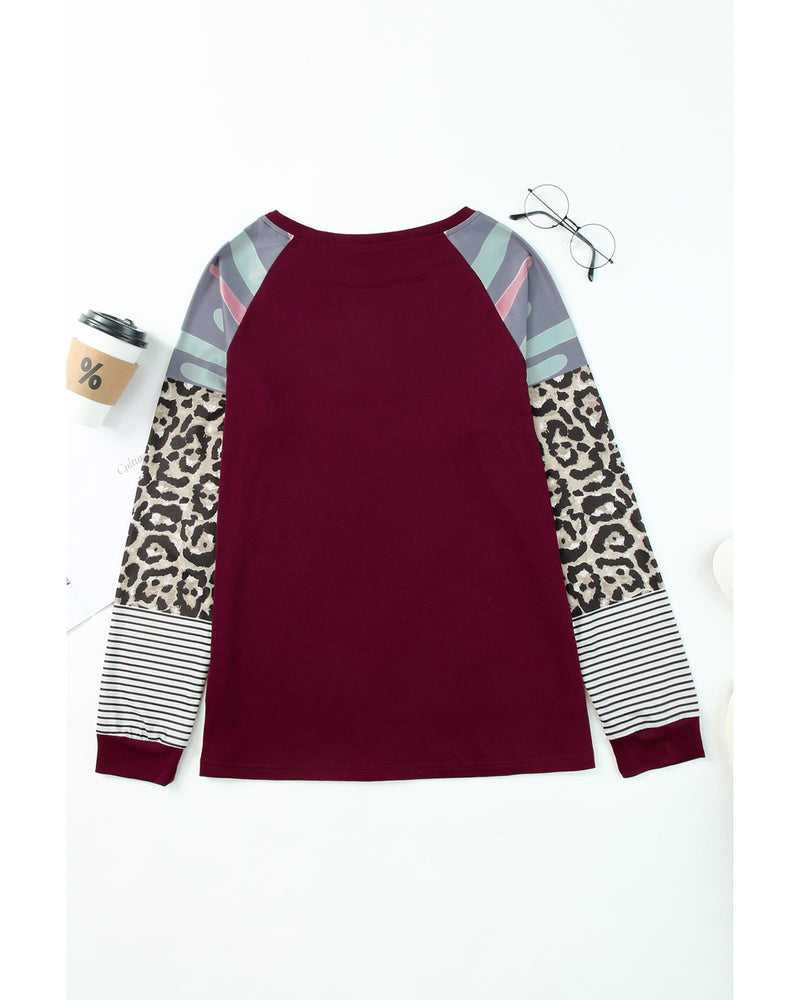 Azura Exchange Burgundy Camouflage Striped Leopard Splicing Blouse - M Payday Deals