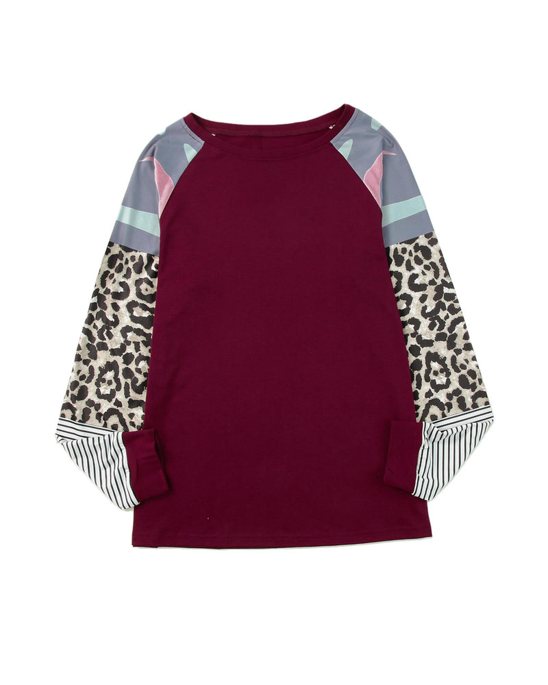 Azura Exchange Burgundy Camouflage Striped Leopard Splicing Blouse - M Payday Deals